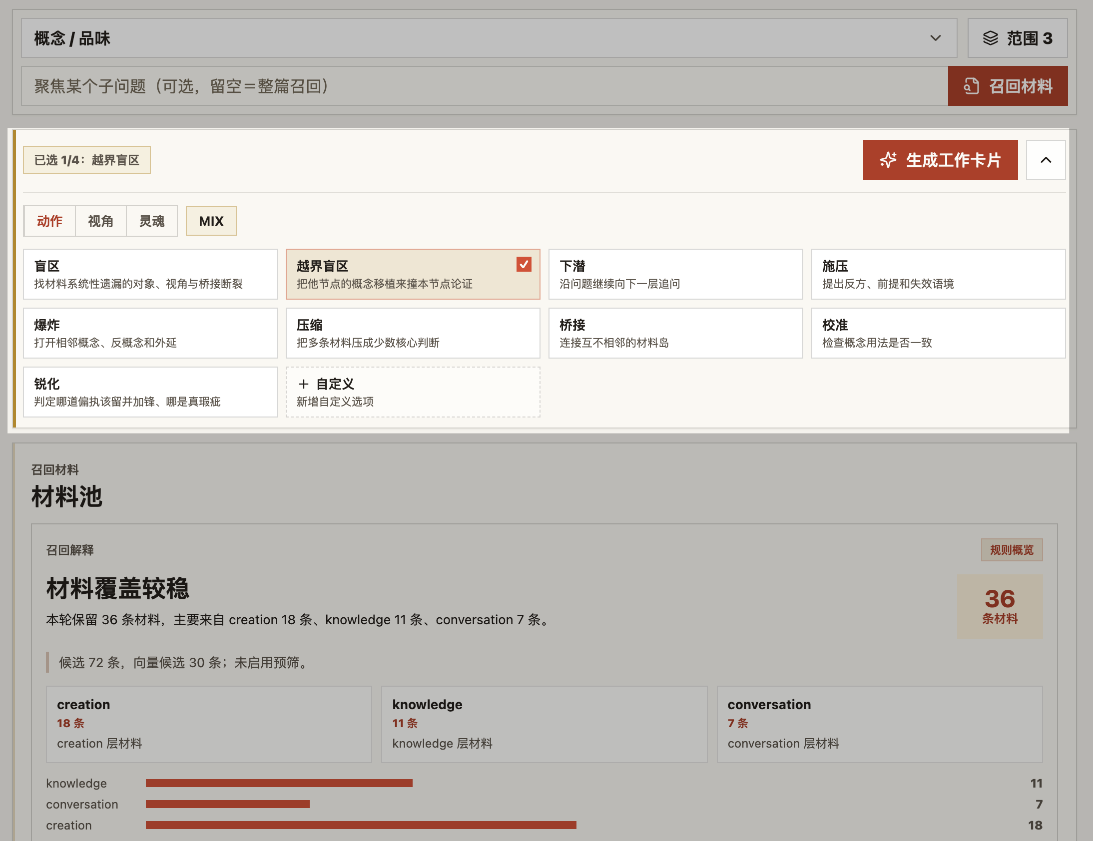 找盲区、施压、往深处挖、磨利偏见——这些是动作；换一门学科的眼光，或借一位思想家的思路——同一个主题，能反复换角度重看。