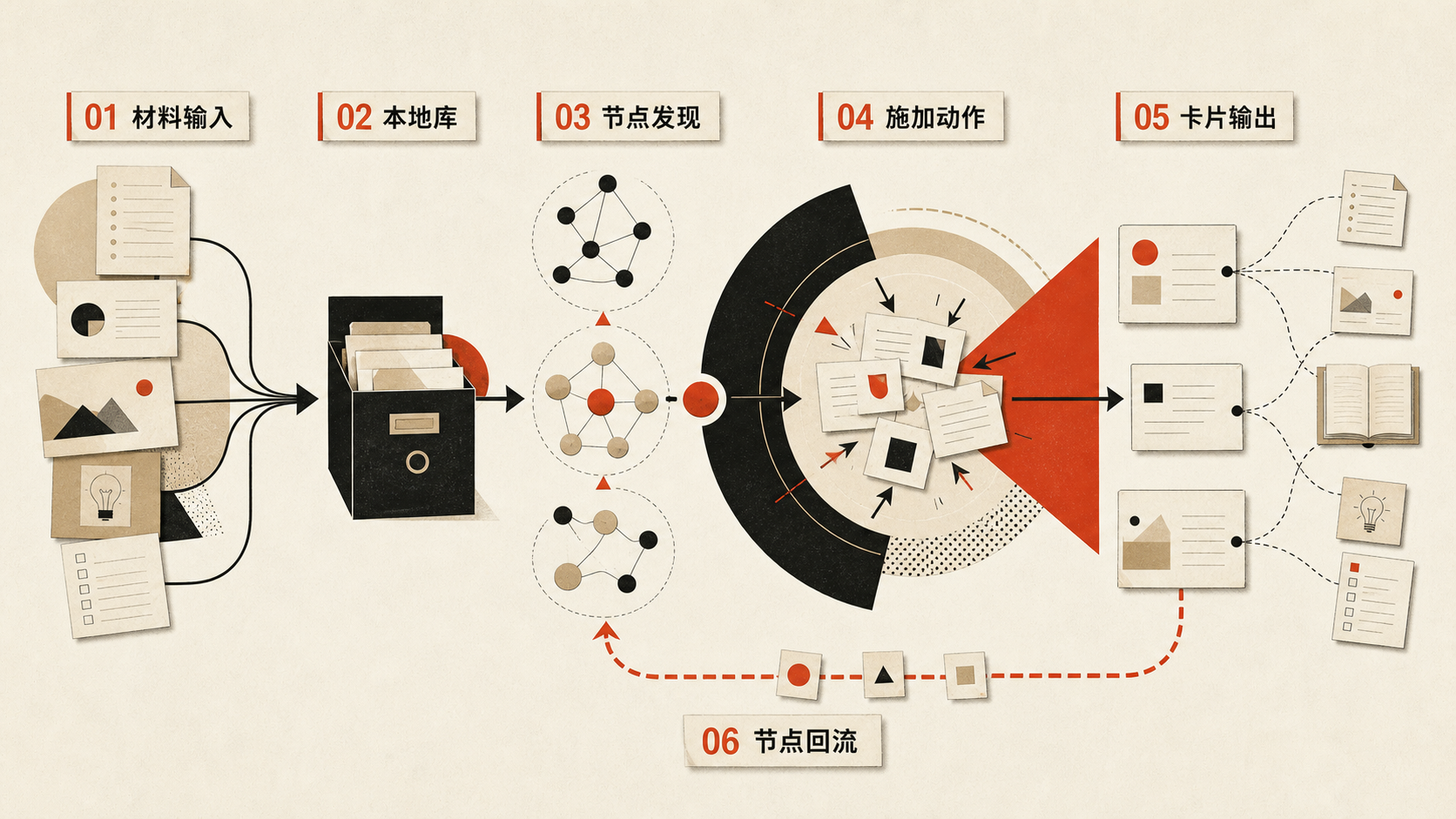 卡片不是终点——几张卡片能收成新的主题，接着再来一轮。想走多深就走多深。